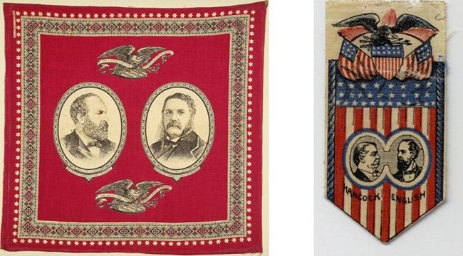 Left is a red handkerchief with James A. Garfield and Arthur. Right is a campign ribbon of Hancock and English