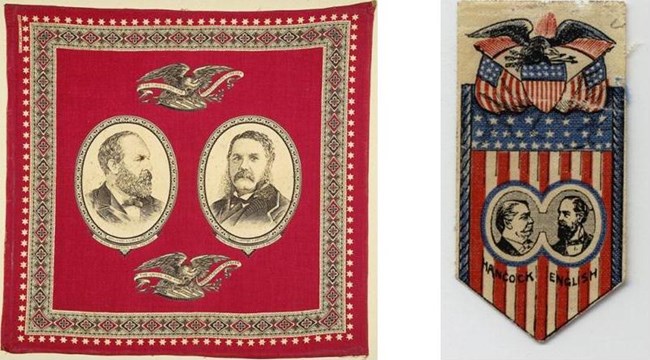 campaign-mem Left is a red handkerchief with James A. Garfield and Arthur. Right is a campign ribbon of Hancock and English