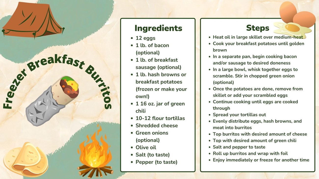 campingburrito2 recipe card for freezer breakfast burritos with ingredients and directions