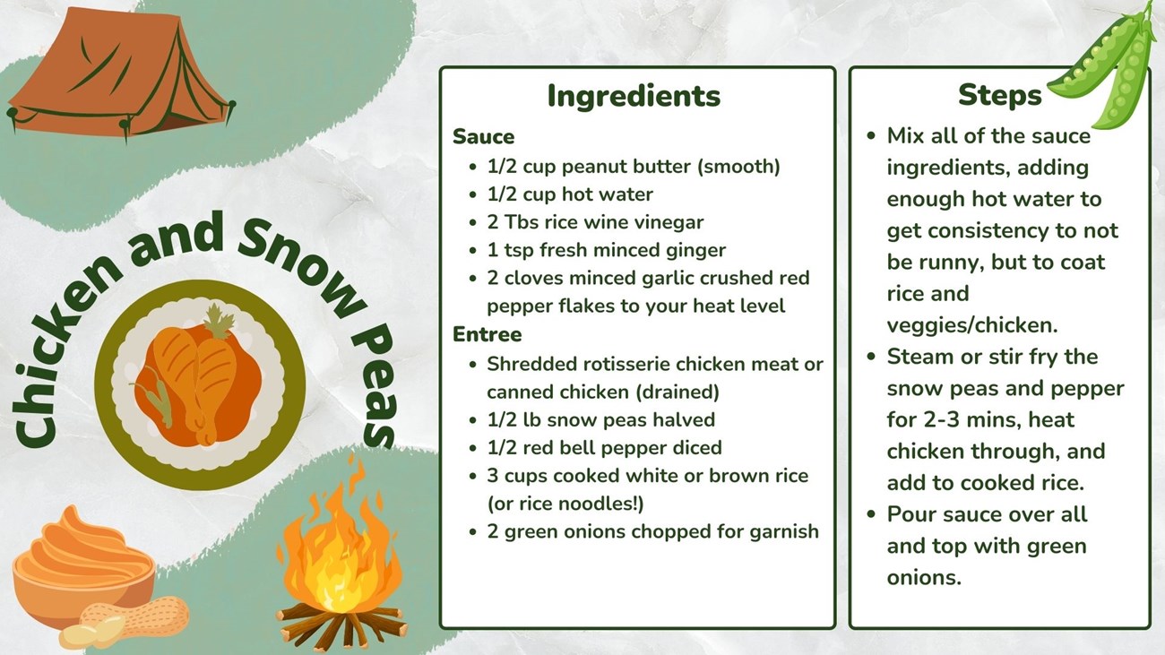campingchicken recipe card for chicken and snow peas with ingredients and directions