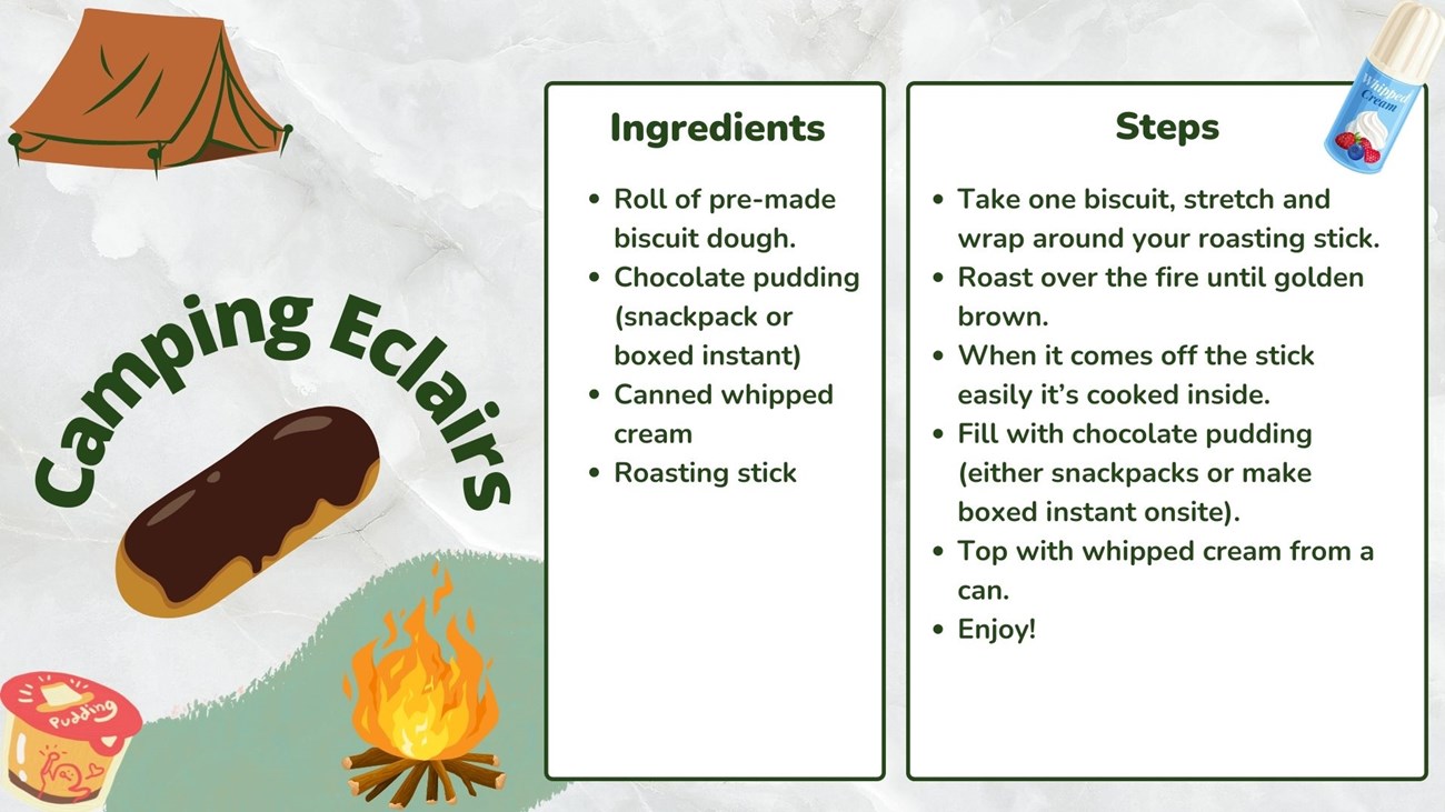 graphic of a recipe card for camping eclairs with ingredients and directions