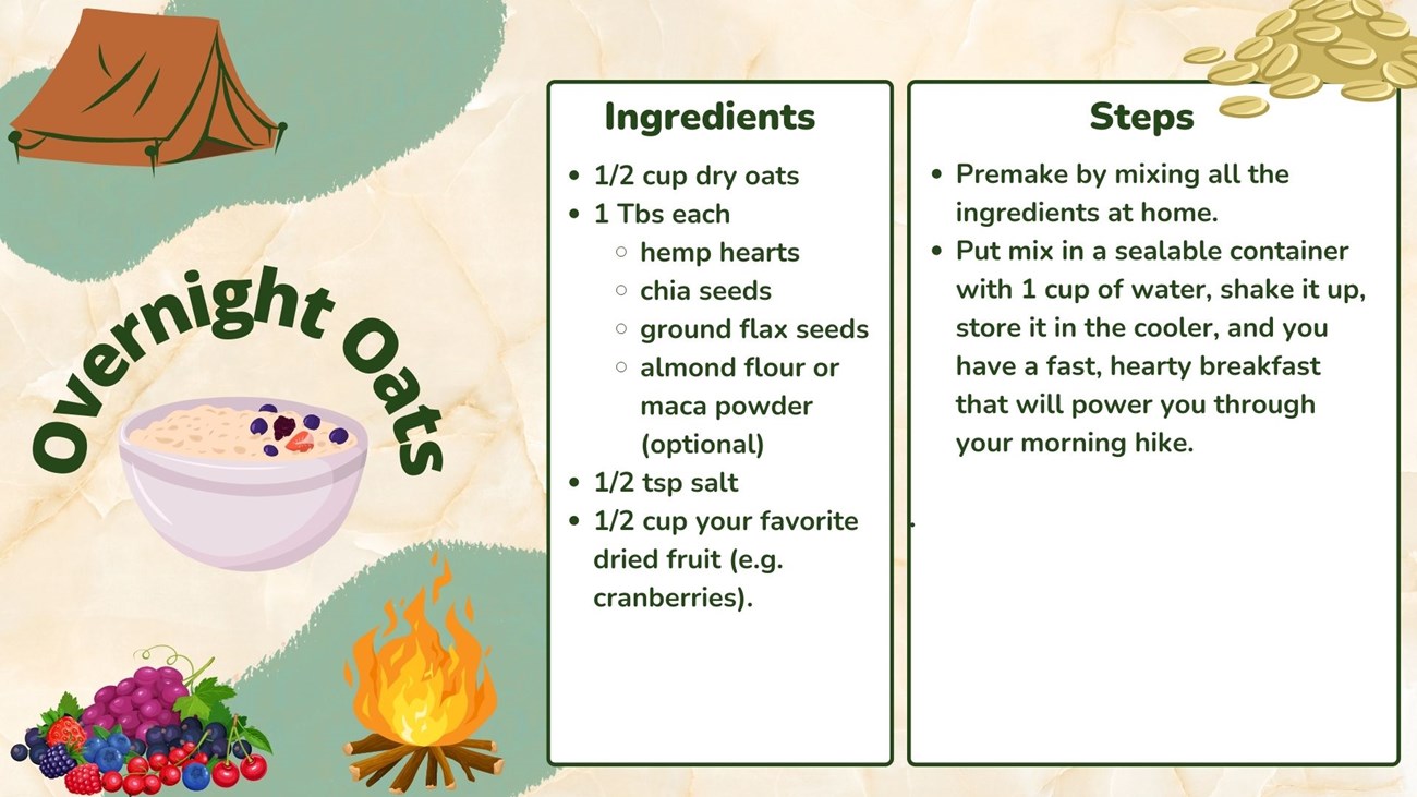 campingoats recipe card for overnight oats with list of ingredients and directions