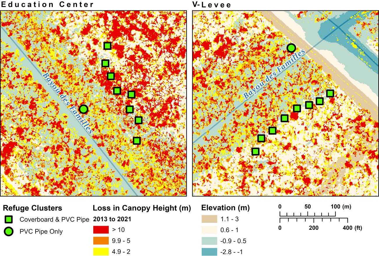 Canopy height loss at Barataria Preserve amphibian monitoring sites from 2013 to 2021 maps showing loss in canopy over time at two forested locations