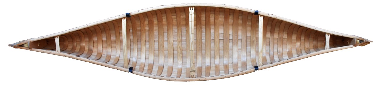 Cedar slats in the inside of a birchbark canoe.
