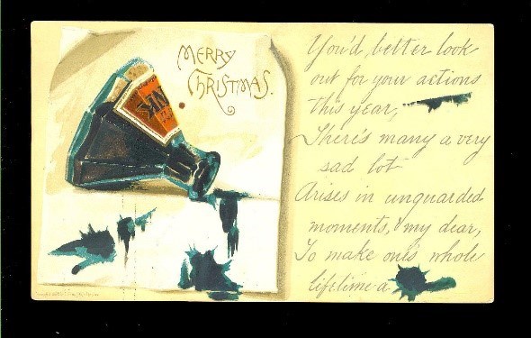 1880 Card A Christmas card that shows a spilt ink bottle and message.