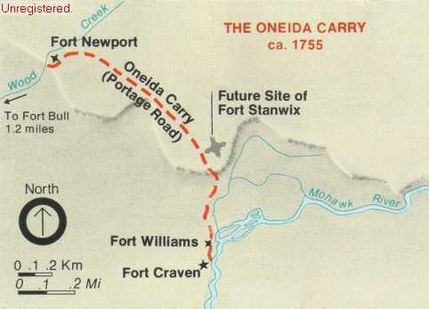 A map "The Oneida Carry." A trail leads from one side to the other. In the center "The future site of Fort Stanwix."