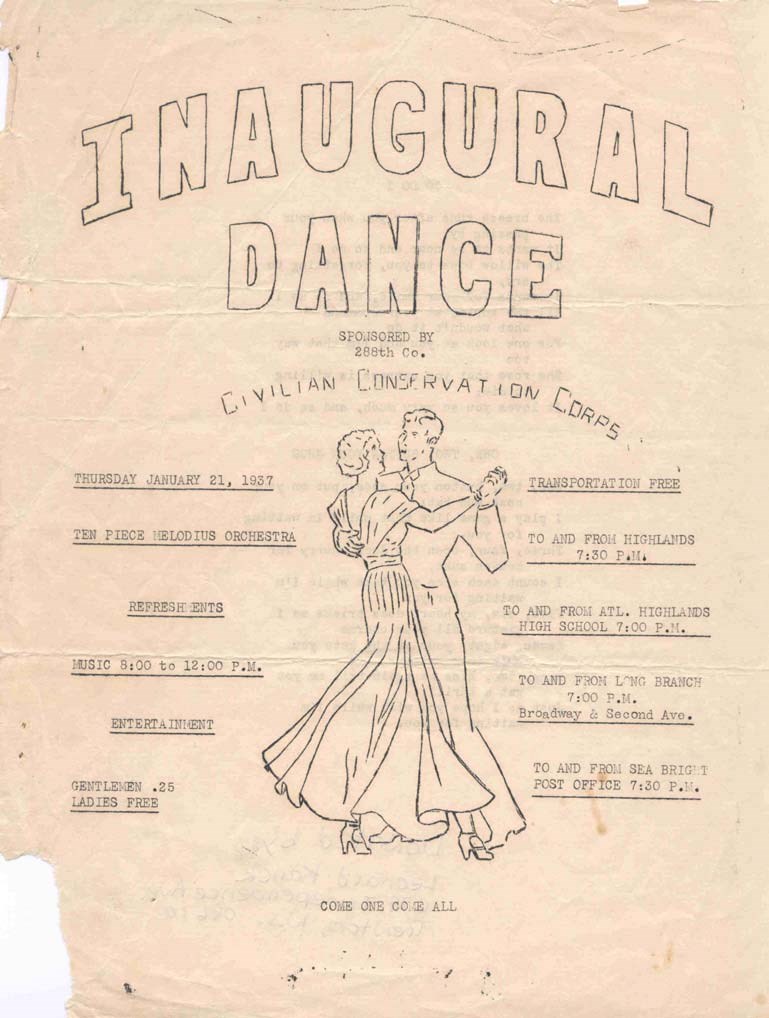 a historic flyer promoting the inaugural dance sponsored by the 288th civilian conservation corps