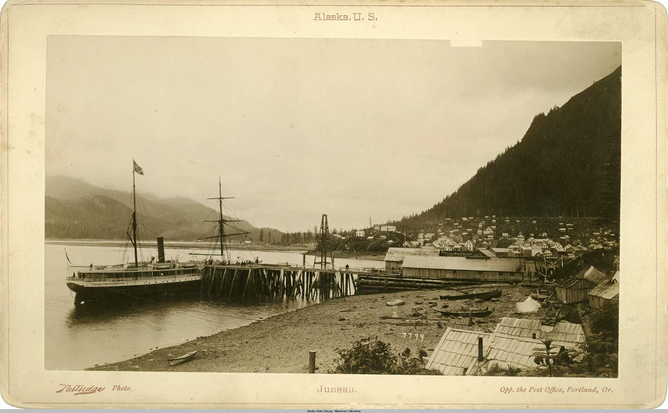 The steamer Idaho in Juneau, 1887 Sepia historical image showing steamer idaho at port