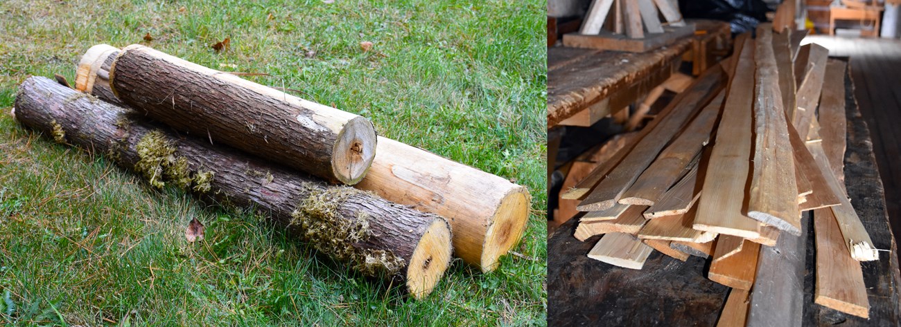 cedar use Two photos next to each other: one of cedar logs, one of strips of wood.