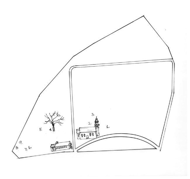 cemmpavetsday2020 Hand drawing with numbers, 1 - 9, showing location of graves of veterans buried at St. Paul's