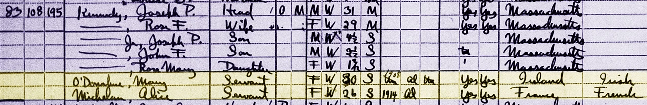1920 census record listing occupants at 83 Beals Street A 1920 census listing showing the written names of occupants at 83 Beals Street.  Mary and Alice's names are highlighted in yellow.