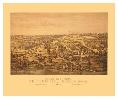 showing the grounds of the centennial exposition with buildings and trees