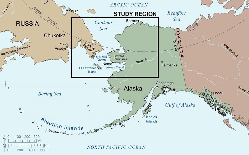 A map of Beringia with the Bering Strait highlighted.