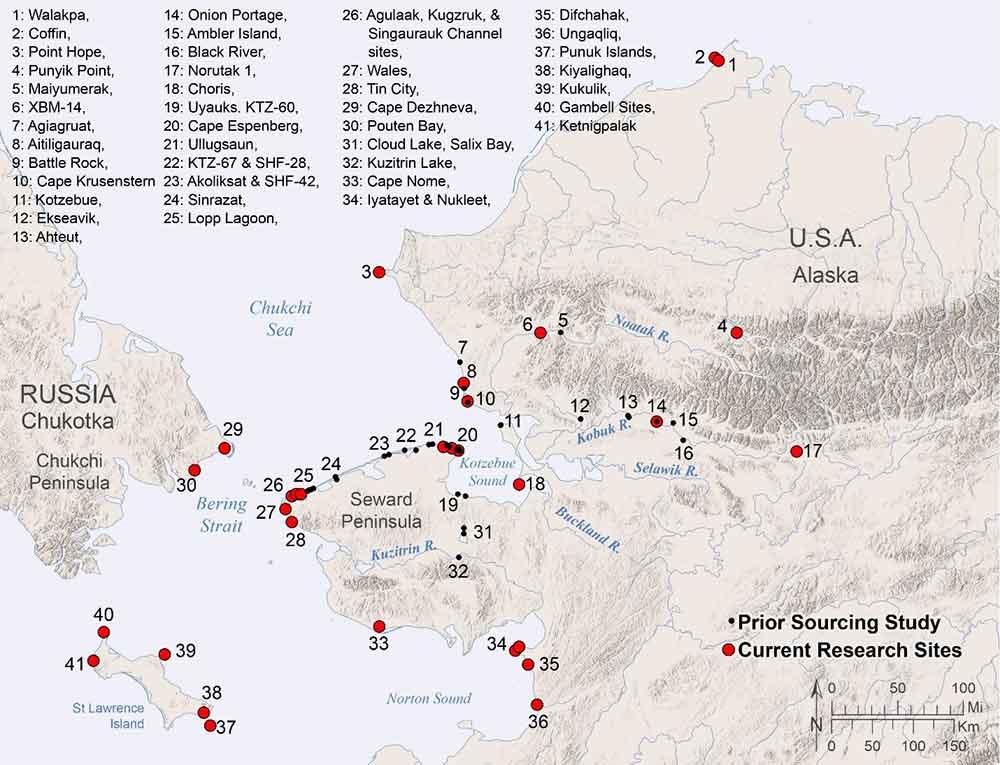 A map with villages in the Bering Strait region.