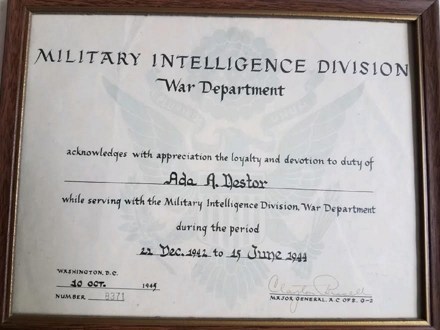 Ada Nestor, certificate of service from the Military Intelligence Division War Department, signed by, at the time, Major General Clayton Bissell, issued in 1945