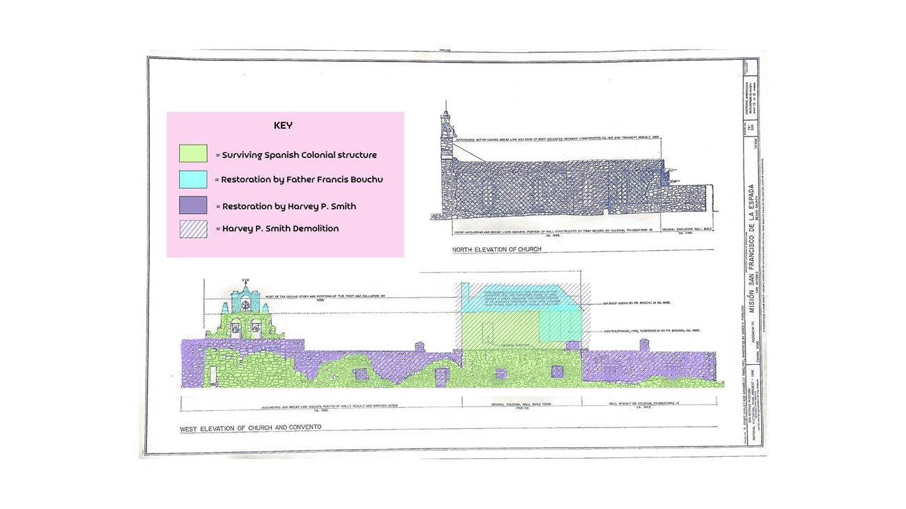 Photo showcasing different architectural phases of Mission Espada through time and color coded