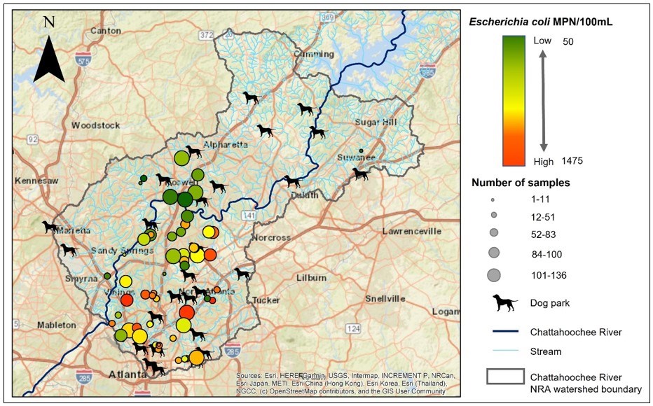 Map showing the watershed location/boundary with the river running through it and many smaller waterways, as well as dog park locations and the sampling locations and results (E. coli concentrations). In general, E. coli conc are higher closer to Atlanta. Map showing the watershed location/boundary with the river running through it and many smaller waterways, as well as dog park locations and the sampling locations and results (E. coli concentrations). In general, E. coli conc are higher closer to Atlanta.