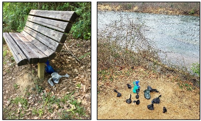Left: An empty wooden park bench with a few blue and gray plastic bags containing dog waste on the ground underneath. Right: An area of bare ground, with about a dozen used, plastic waste bags next to the river. Left: An empty wooden park bench with a few blue and gray plastic bags containing dog waste on the ground underneath. Right: An area of bare ground, with about a dozen used, plastic waste bags next to the river.