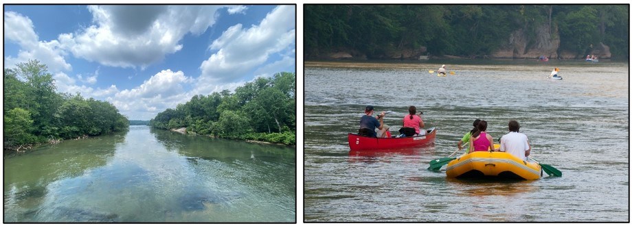 Left: View of the river, with green woods on both sides, under a blue sky with puffy, white clouds. Right: Photo of the river with people in canoes, kayaks, and rafts in the foreground and background. Left: View of the river, with green woods on both sides, under a blue sky with puffy, white clouds. Right: Photo of the river with people in canoes, kayaks, and rafts in the foreground and background.