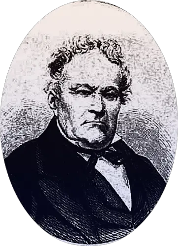 A black and white drawing of an older man in a black jacket