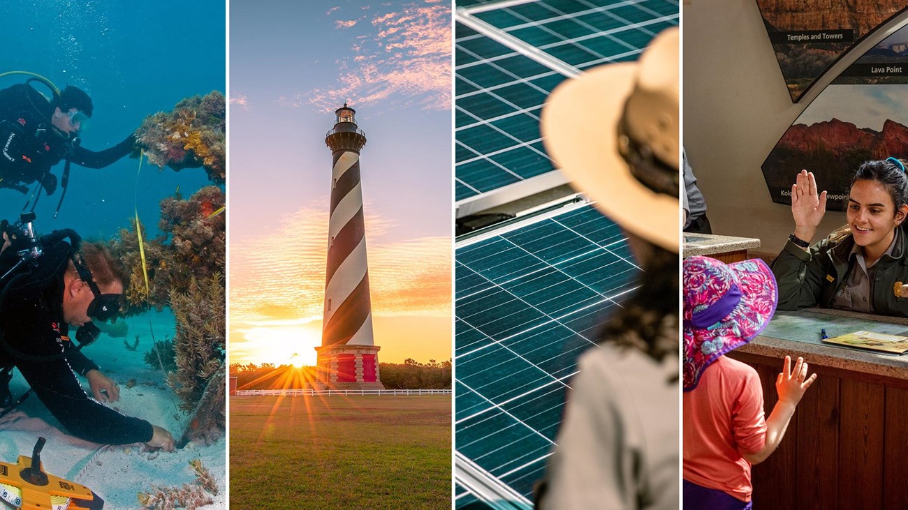 Climate Action a collage of four images featuring scuba divers underwater, a lighthouse at sunset, a ranger in front of solar panels, and a ranger swearing in a junior ranger