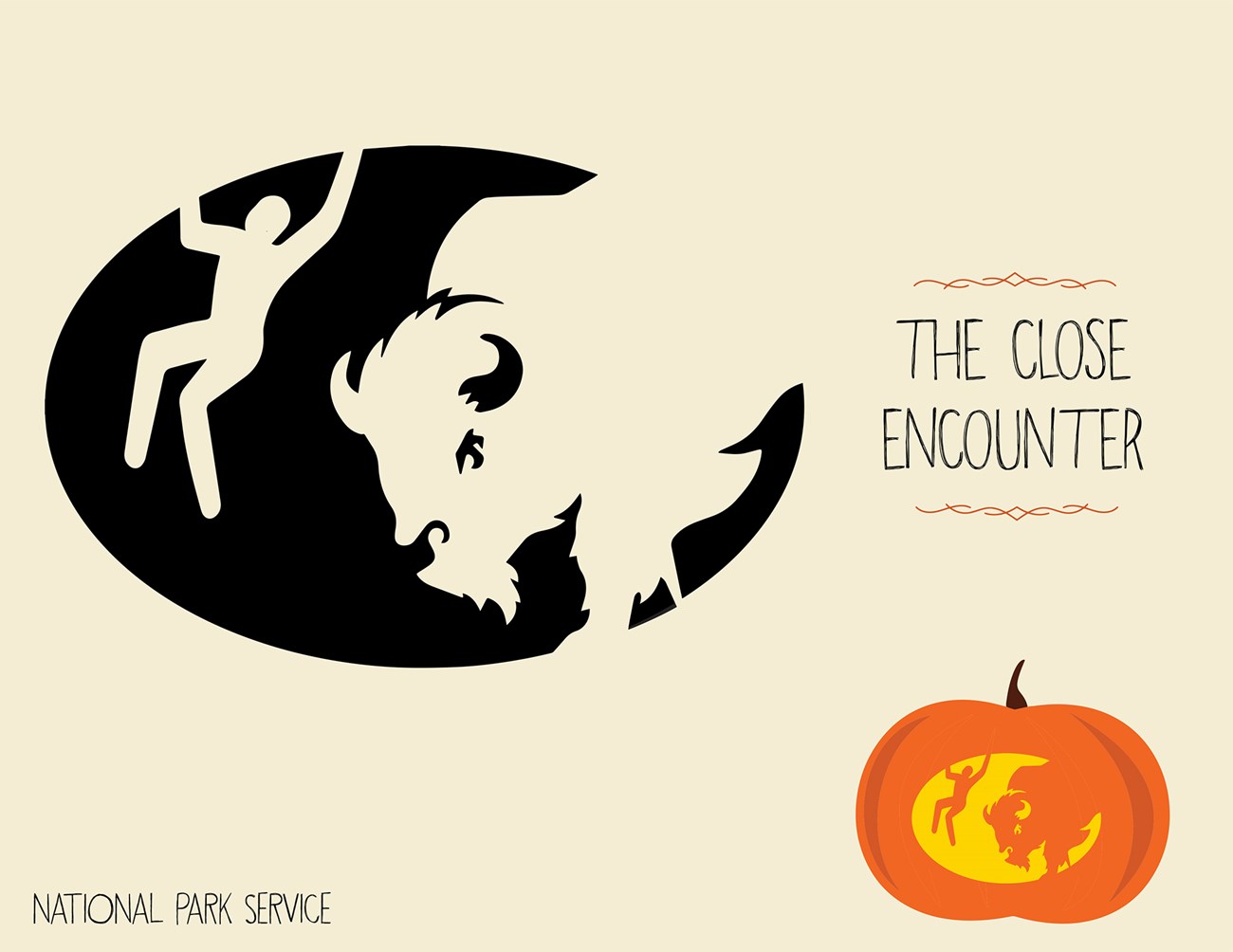 Graphic for pumpkin carving projects with an stencil of a person being thrown by a bison and an example of the image on a jack o' lantern. Text reads "The Close Encounter. National Park Service."