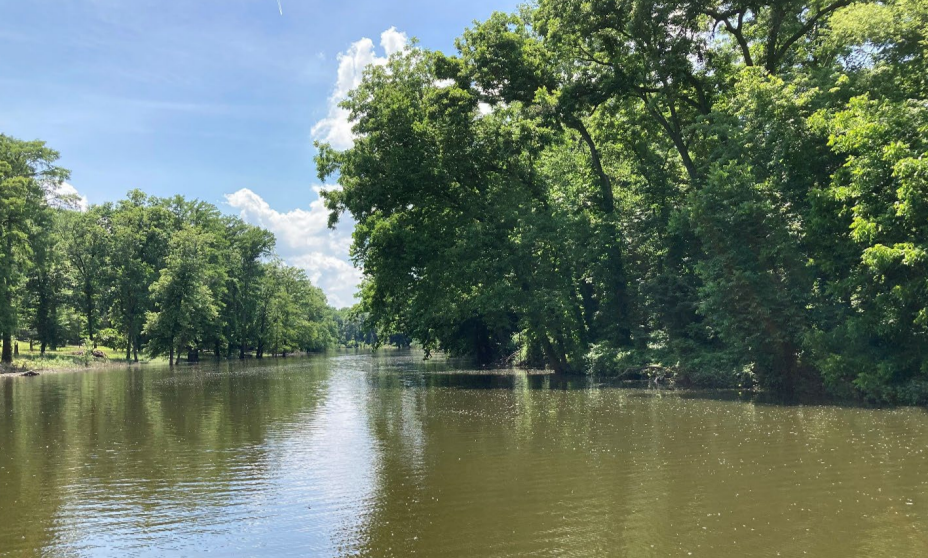 cold-creek-tennessee Serene landscape with a foreground consisting of lush, green field with well-maintained grass and a gentle slope of a line of trees on both sides of a river.