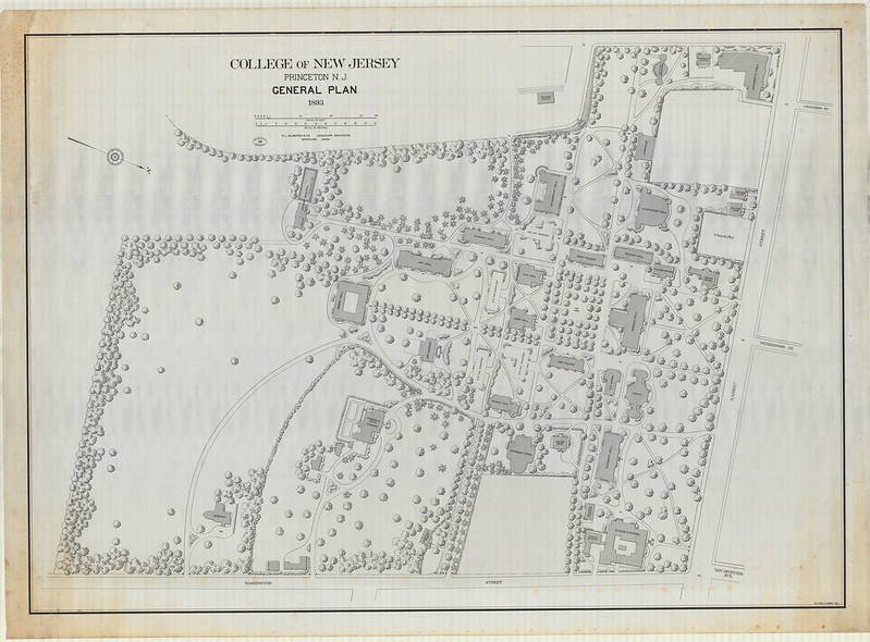 College of New Jersey black and white line drawing of aerial view of roads, plants, and buildings