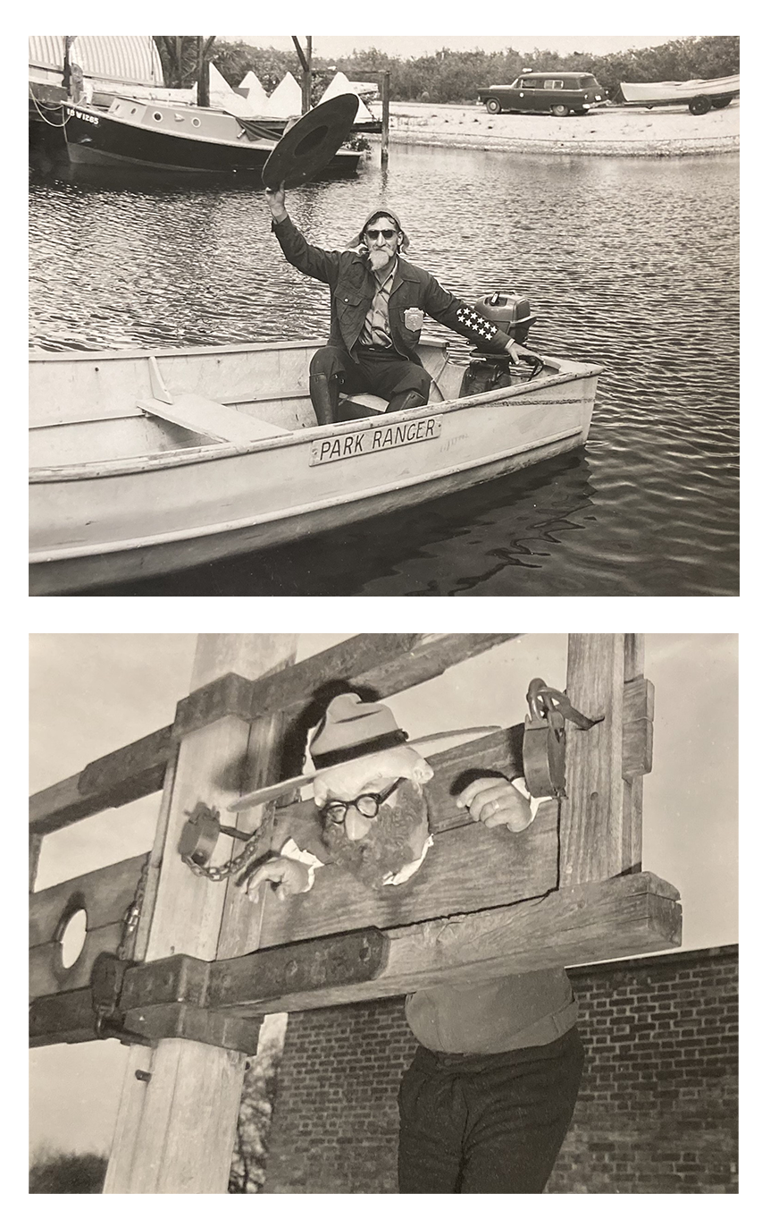 Colonial antics One Lick Evergreen in a boat and locked in stocks