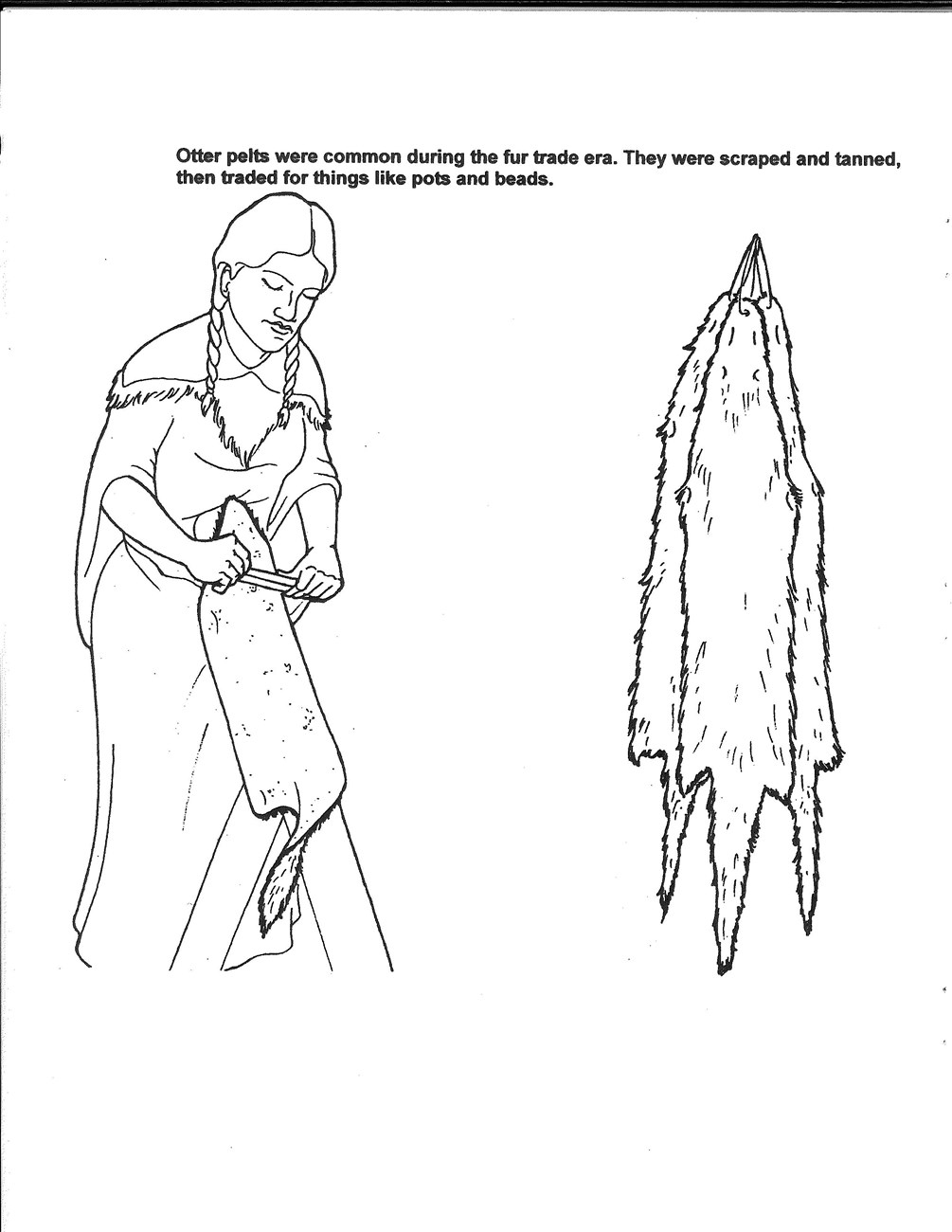 black and white outine of native woman with otter skins