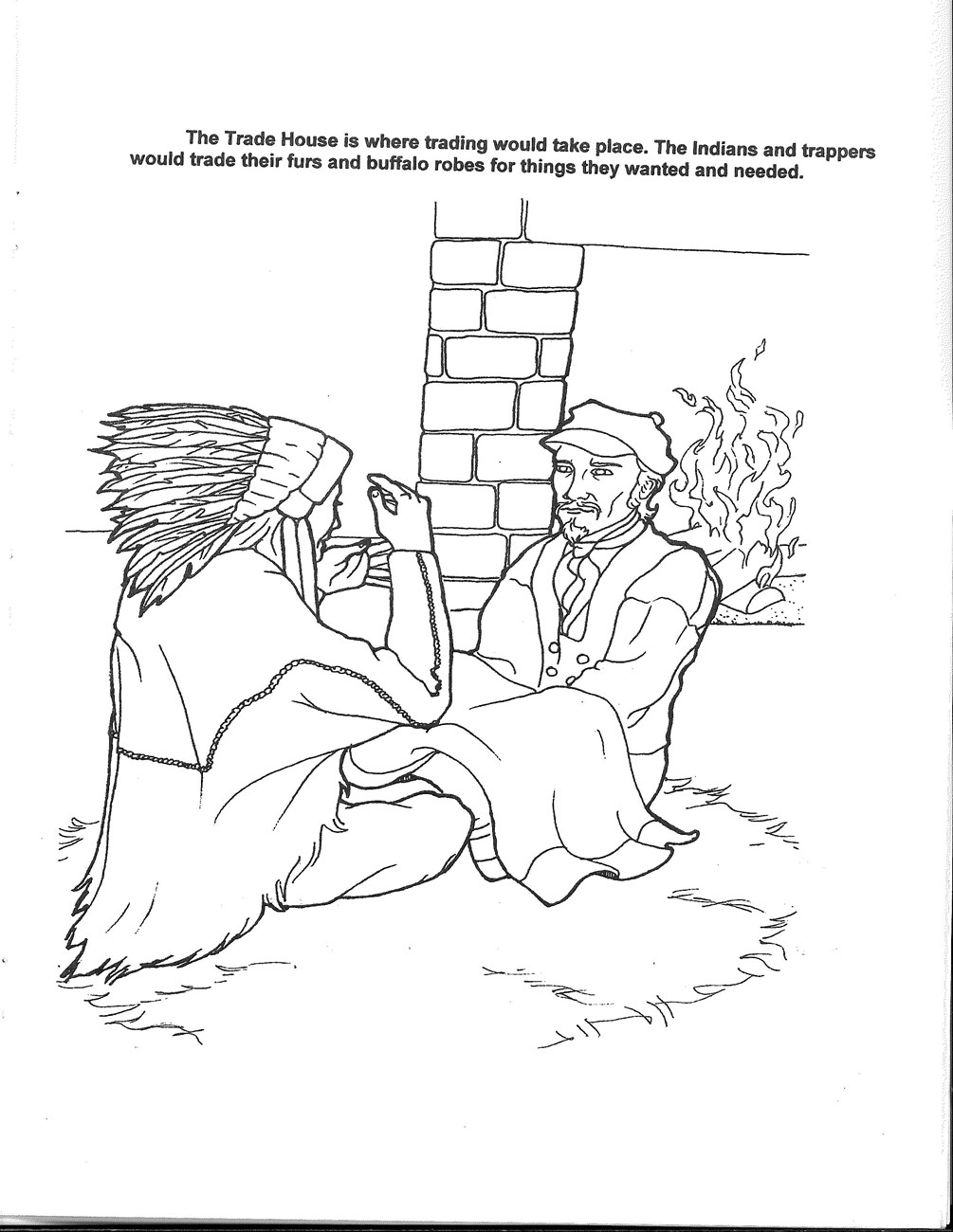 Black and white outline of two men sitting on the floor with a firplace behind them