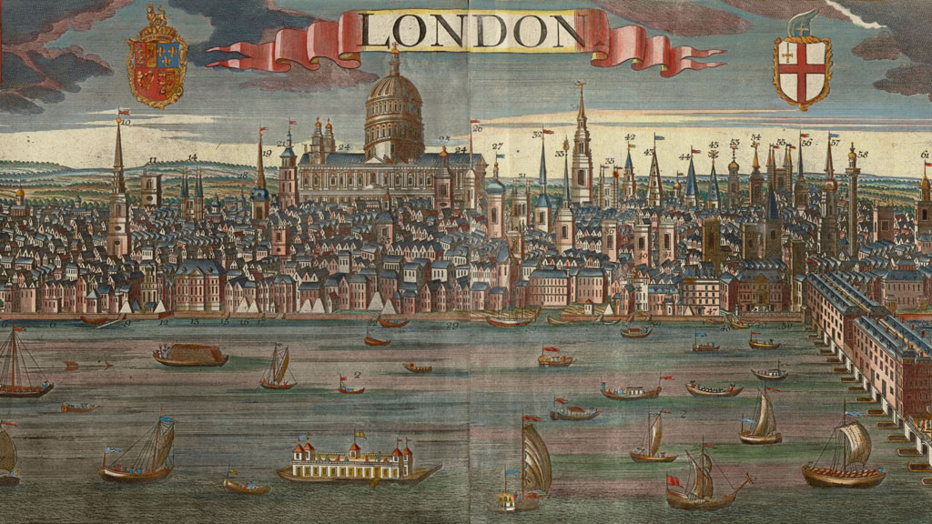 Color print showing a busy river with smaller craft sailing. A bridge with buildings is on right. In background is a densely packed city with dozens of steeples pointing up into the sky. In the center is a large domed cathedral. In center top on a ribbon reads "London".