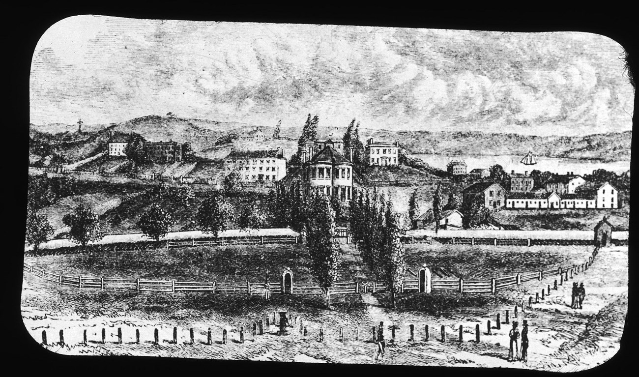 Black and white drawing of the Commandants House and surrounding landscape at the Charlestown Navy Yard.