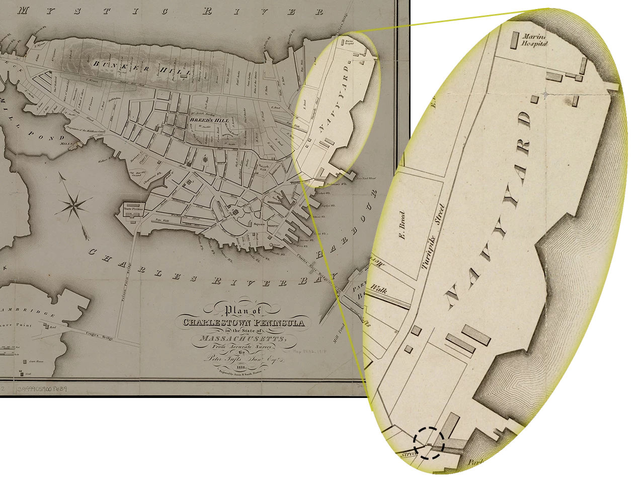 Plan of Charlestown peninsula in the state of Massachusetts Map of a peninsula where a rightmost section labelled Navy Yard is highlighted and called out with a zoomed in portion.