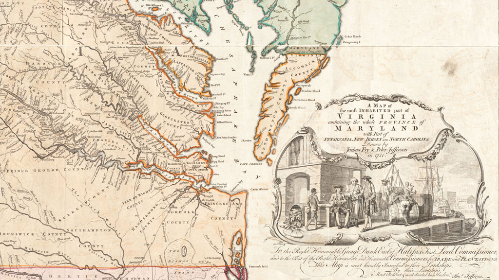 Map with an orange shaded coastline with multiple river inlets flowing from the Atlantic Ocean on right into the land of Virginia. In center a long peninsula creeps down dividing the Chesapeake Bay from much of the Atlantic. On the right over the ocean is a map label with map title and an illustration depicting a dockside scene with men of African descent depicted as shirtless and enslaved laborers while White men dressed as merchants stand or sit on chairs on the pier talking and drinking.