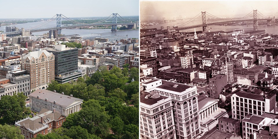 Aerial view from 1952 and 2010 Two aerial photos (1950 and 2010) of tall buildings surrounded by trees with a bridge in the distance.
