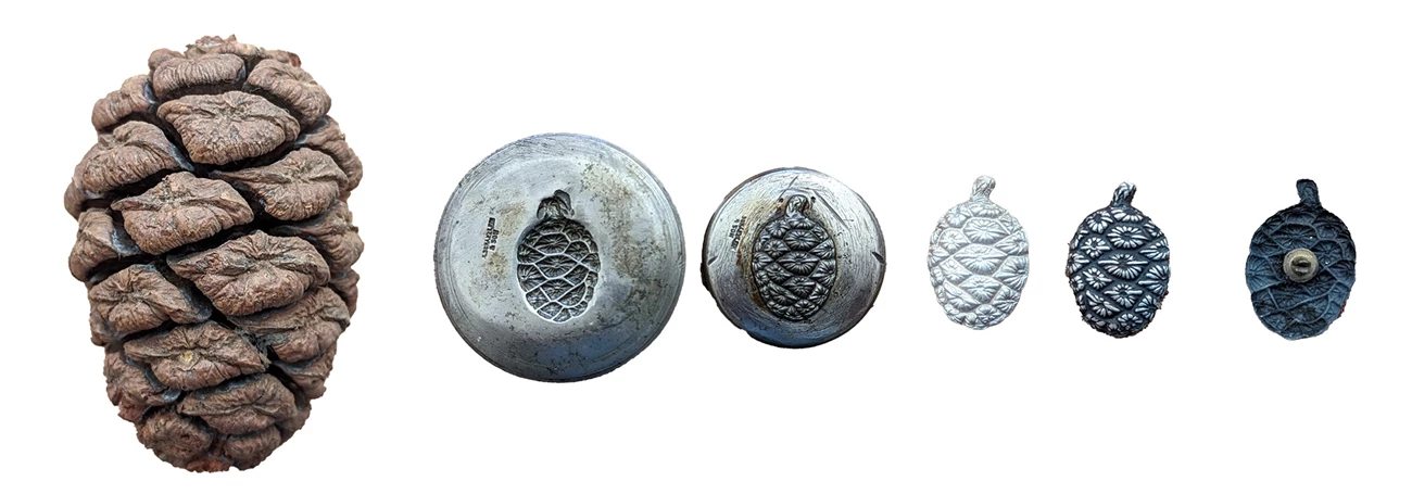 Sequoia hatband decoration Sequoia cone next to metal die and three metal sequoia cone ornaments made from the die