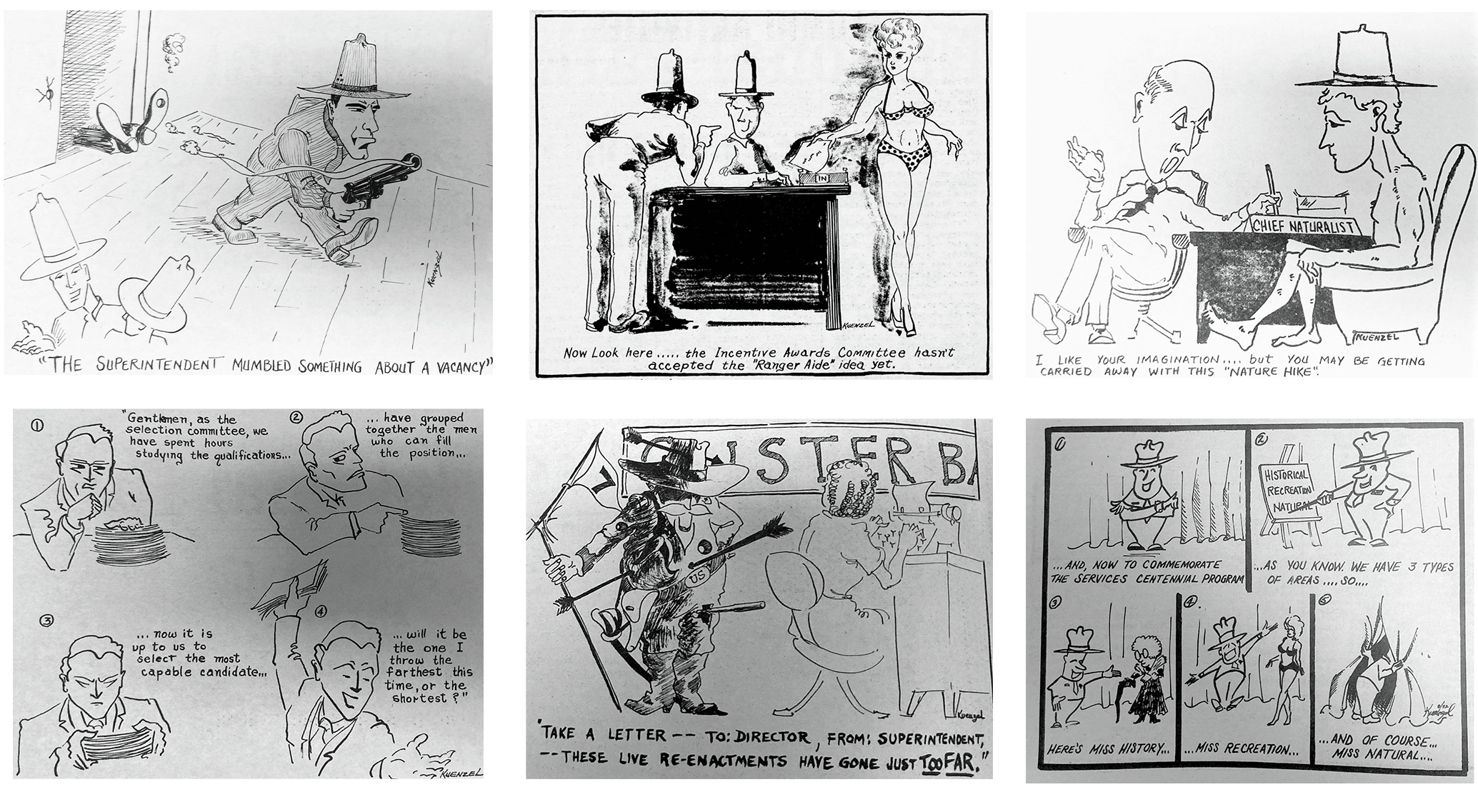 Dennis Keunzel composite Six separate cartoon panels depicting NPS scenes