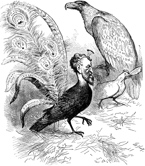 drawing of three birds, one is a peacock with a man's face