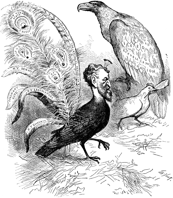 conklingcartoon drawing of three birds, one is a peacock with a man's face