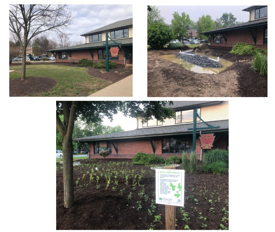 Images of before, during, and after the installation of the rain garden at Avon Grove Public Library. Photo Credit: Shane Morgan