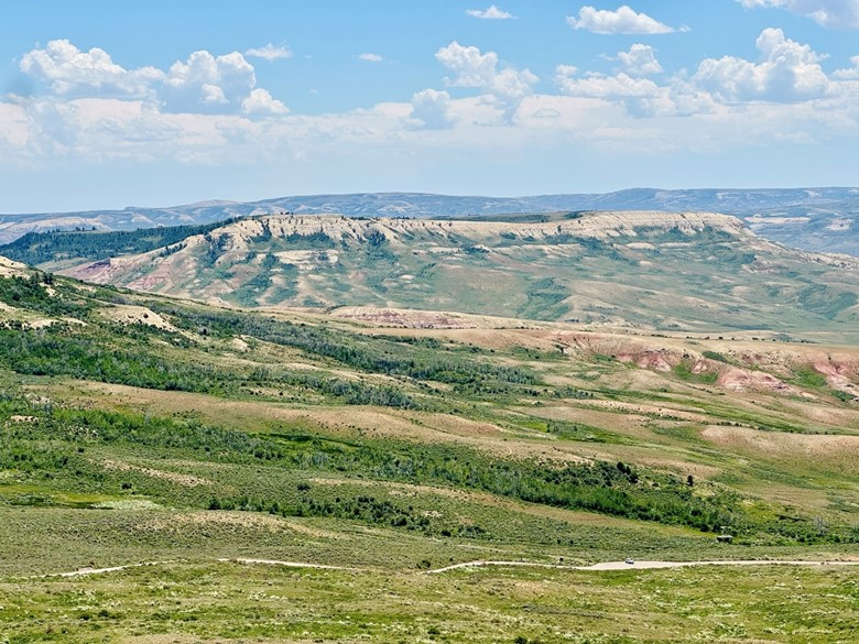Layered ridges and valleys with a dirt road winding through Fossil Butte National Monument.