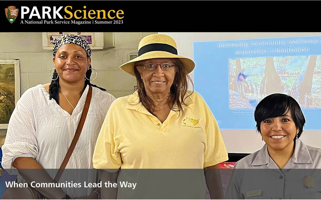 The cover photo for the summer 2023 issue of Park Science Magazine with an image of three women of color