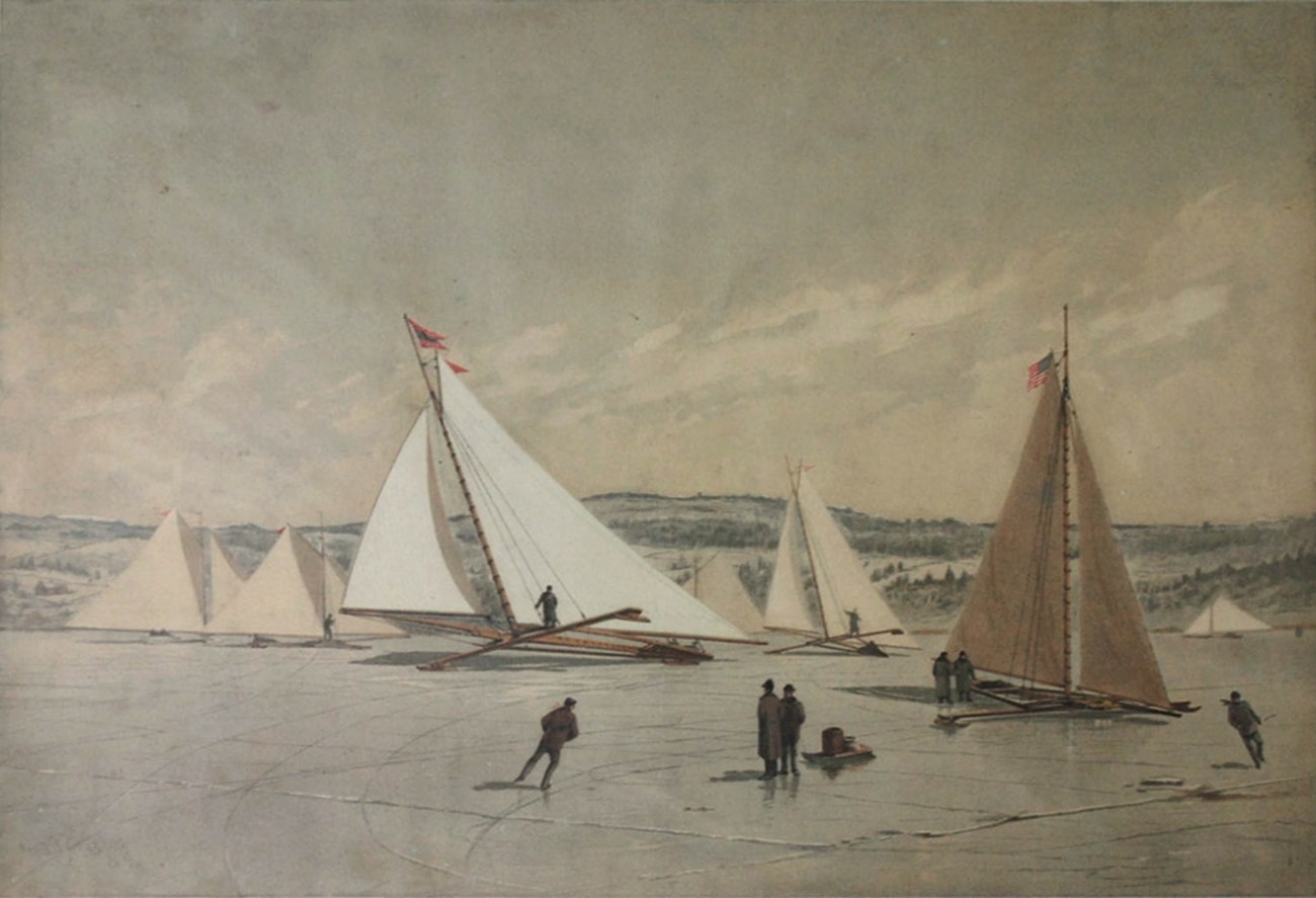 An color engraving of ice boats and figures on a frozen river.