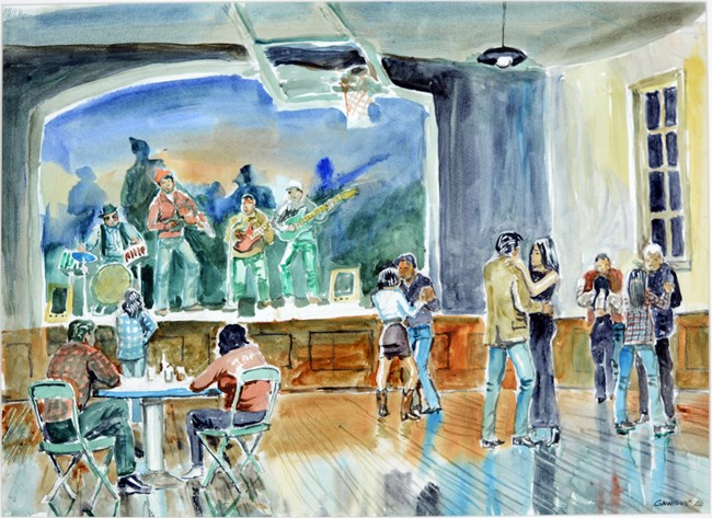 Watercolor painting of a band on a stage with people at a table and four couples dancing on the floor of a school gym.