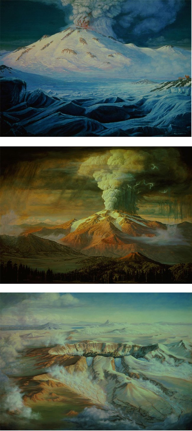 3 paintings showing different phases of the eruption of a volcanic peak
