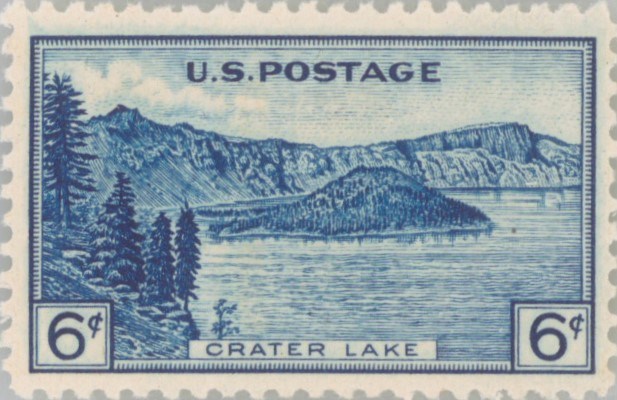 Blue 6-cent stamp featuring Crater Lake