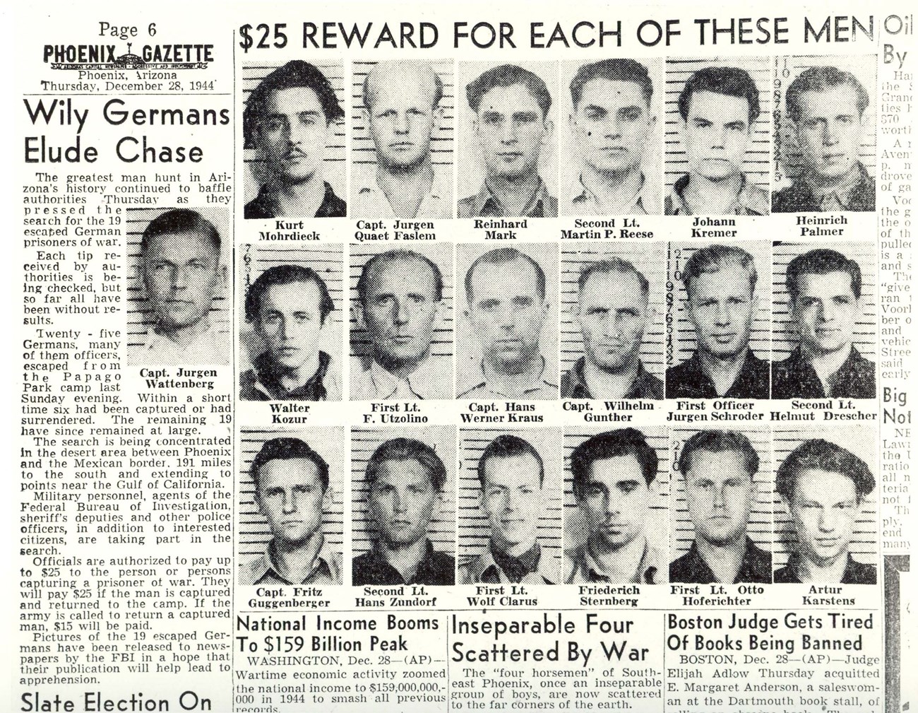 Escaped German Prisoners News Article Local Arizona Newsletter advertising a 25 dollar reward for each of the 25 escaped German prisoners of war, 1944