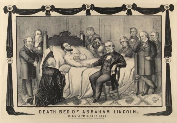 shows people sitting around the death bed of Abraham Lincoln including the nxt president Andrew Johnson