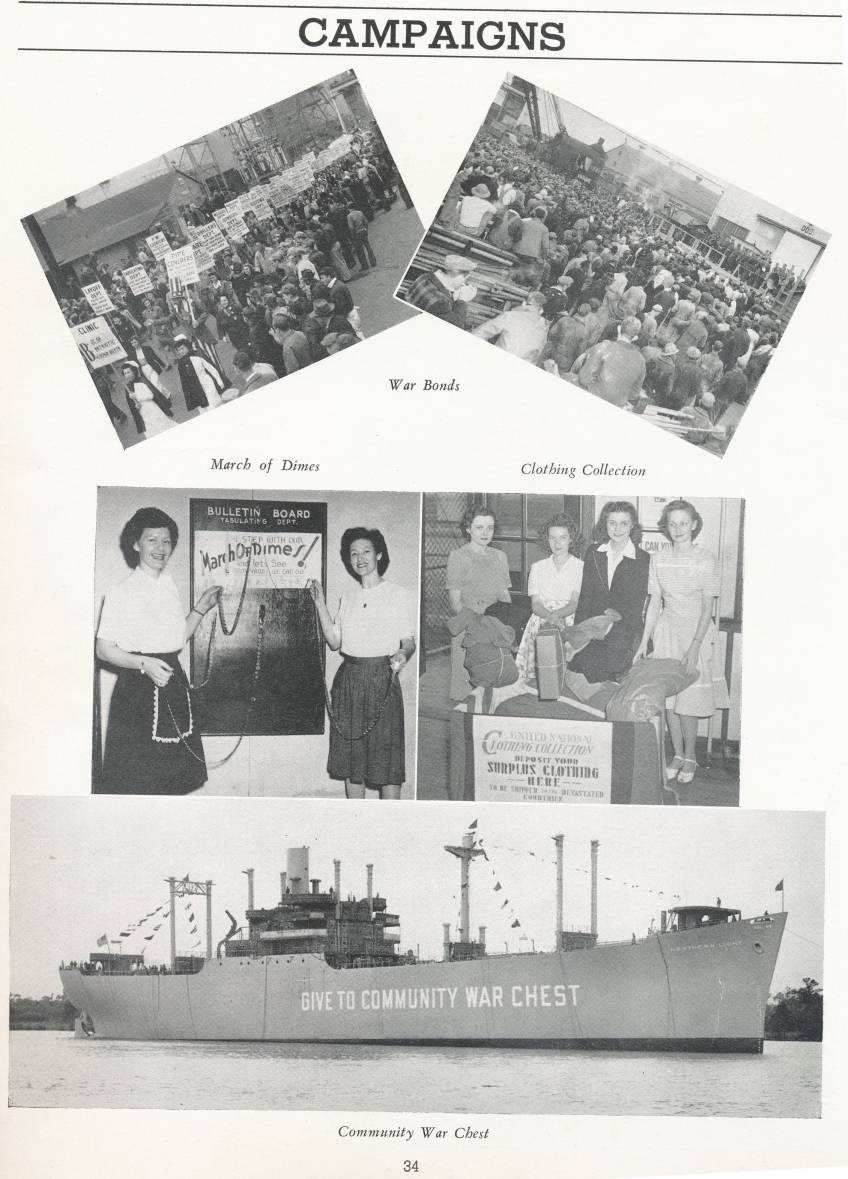 “Campaigns,” with captions including War bonds, March of Dimes, Clothing Collection, and Community War Chest